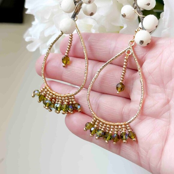 Handmade green and gold beaded crystal fringe earrings - Picture 2 of 7